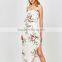 Slip floral printed drawstring waist asymmetric chiffon women dress
