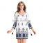 Summer Bohemian V-Neck Bell Flare Sleeve Mini Chiffon Dress Cut Out Print Crochet Trim Peasant Dress With Hollow Out Design