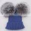 Myfur European Style Silver Fox Fur Big Pom Poms Wool Ribbed Knit Hat