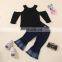 Kids Ribbed O neck off-Shoulder Tops Shirts & Denim Jean flared pants Casual Outfit Spring Fall Winter Clothes