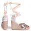 Ladies handmade wholesale snake print design tie up ankle strap closed toe wedge heel sandals shoes