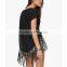 summer short sleeve black irregular tassels chiffon see-through black woman blouse