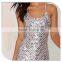 2016 Sexu Back Open Shiny Silver Sequin Bodycon Mini Evening Dress