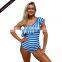 Ladies Blue White Stripes Ruffle One Shoulder One-Piece Swimsuits with Padded