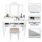 vanity table set, tri-folding necklace hooked mirror 6 organizers makeup dressing makeup desk with drawers cushioned stool