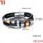 Double Braided Leather Bracelet for Men with Stainless Steel and Black Genuine Leather Straps 9.1 Inches