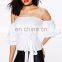 2017 Latest Fashion Top Design Tie Waist Ruched Sleeve Bardot Top