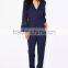 Autumn New Elegant Women Long Bell Sleeve Navy Cotton V Neck Jumpsuits