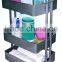 Rolling Organization Cart on Wheels Is Metal with 3 Deep Bins, Center Bin Is Adjustable Color