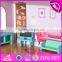 New design 13 pieces of furniture 3 floor pretend play pink wooden cottage dollhouse for children W06A230