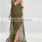 Summer New Style Sexy Plain V-neck Adjustable Straps Side Splits Olive Chiffon Floor-length Beach Kaftan With Cold Shoulders