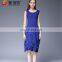 Sleeveless O neck casual blue tea length dress for mature women