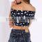 Fashion Off-shoulder Design Short Sleeve Crop Top for Women, Floarl Print Women Tank Top