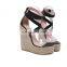 women unique cheap price good quality high heels contrast color cross belts ankle buckle wedges platform sandals shoes(LAJWG0003