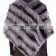 YR957 Latest 2017 Collarless Hand Knitted rabbit fur poncho with fox fur insets Asymmetrical hem Fox Fur Poncho