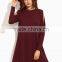 Burgundy Open Shoulder Swing Dress Cotton Polyester Blend Long Sleeve Casual Dress