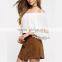 Short sleeve plain textured woven women off shoulder blouse