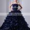 Dark Blue Strapless Sleeveless Sweep Train Lace-up Evening Gowns Ruched Cascading Ruffles Appliqued Beaded Quinceaneras Dress