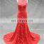 LN136 Latest Lace Mermaid Red Chapel Train Real Sample Sexy Back Open Evening Dress