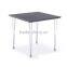 Wooden top dining table with 4 seaters in fabric cushion and chromed steel leg