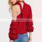 New Fashion Bow Decorated Long And Ruffle Sleeves Women One Shoulder Blouse