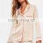 Satin Piped Buttoned Short Pyjama Set Long Sleeve Button Top With Shorts Plain Piping Pajama Set Nude