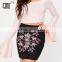 Side zipped embroidered black suede stretchy tight mini pencil skirt