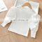 Trendy Ruched knitted Long Lantern Sleeve Girls Tops White /black plain  Colors Baby Girl Dress ruffle sleeve shirts Blouse