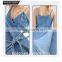 Wholesale fashion suspenders pattern Deep V-neck blue jeans fabric new lady dress