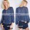 Lace trimed long sleeve woman surplice woven top