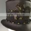 Black leather Victorian Corset style / Steampunk / Gothic / Emo style Top Hat w. solid metal bat badge