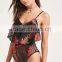 Shandao Summer New Arrivals Women Casual Embroidered Spaghetti Strap Sexy Black Lace Bodysuit