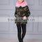 High quality camouflage jacket with baby pink real raccoon fur collar short style unisex jacket wholesale jacket