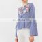 New design Blue Striped shirt fashion sexy lace-up Tops women Bell Sleeve embroidered blouse