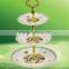 New flower design ceramic 3 layer cake stand plate with gold plated stainless steel handle