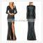 Fashion V-neck & Front Seam Slit Green Sequin Beaded Evening Dress With Long Sleeve