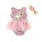 The Latest Pink Velvet sleeveless applique baby romper with Big lace bowknot beautiful headband Wholesale for baby