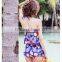 Blue print beach wear fashion two pieces girls swim brief suits with split back