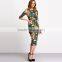 Womens Autumn Dress Bodycon Dresses New Vintage 2016 Spring Summer Office Green Mock Neck Floral Pencil Midi Dress