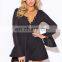 Black ruffle V neck party dress with long bell sleeve