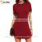 Casual burgundy striped trim ribbed knit bodycon fitted mini dresses for winter autumn