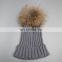 Hot sale raccoon animal fur knitting hats fur pom hats wholesale china ribbed hats