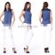 Denim Leather Stitching Button Front Sleeveless Shirt Top Blouse