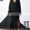 OEM Oversized Pullover Sweater Black V-Neckline Tassel Hem Loose Sweater Dress For Women