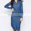 denim women dress with drawstring long sleeves women dress OEM service