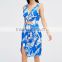 Ladies clothing beautiful backless new cut out blue satin fabric digital print dress