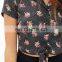 CHEFON Dotted floral tie front summer empire waist blouses for ladies