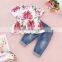 Kids Girls Floral long Short Sleeve Ruffle Blouse + kids Ripped Jeans Baby Clothing Set outfits 0-4years
