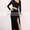 Elegant Plain Long Sleeve Shift Maxi Dress with Front Slit and Cut Outs