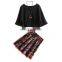 spring autumn new fashion clothes print short skirt with plain pullover two piece set outfit for women